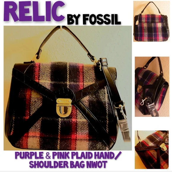 Relic By Fossil Purple Pink Plaid Shoulder & Hand Bag NWOT - Picture 1 of 16